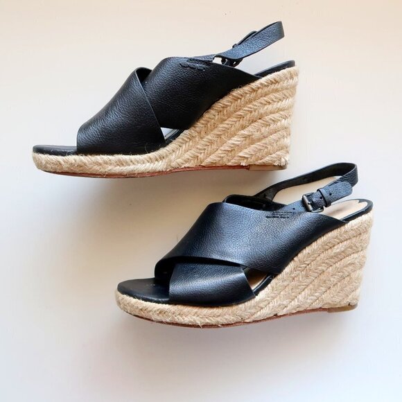 VIA SPIGA Black Leather Espadrille Wedge Platform Sandals Shoes